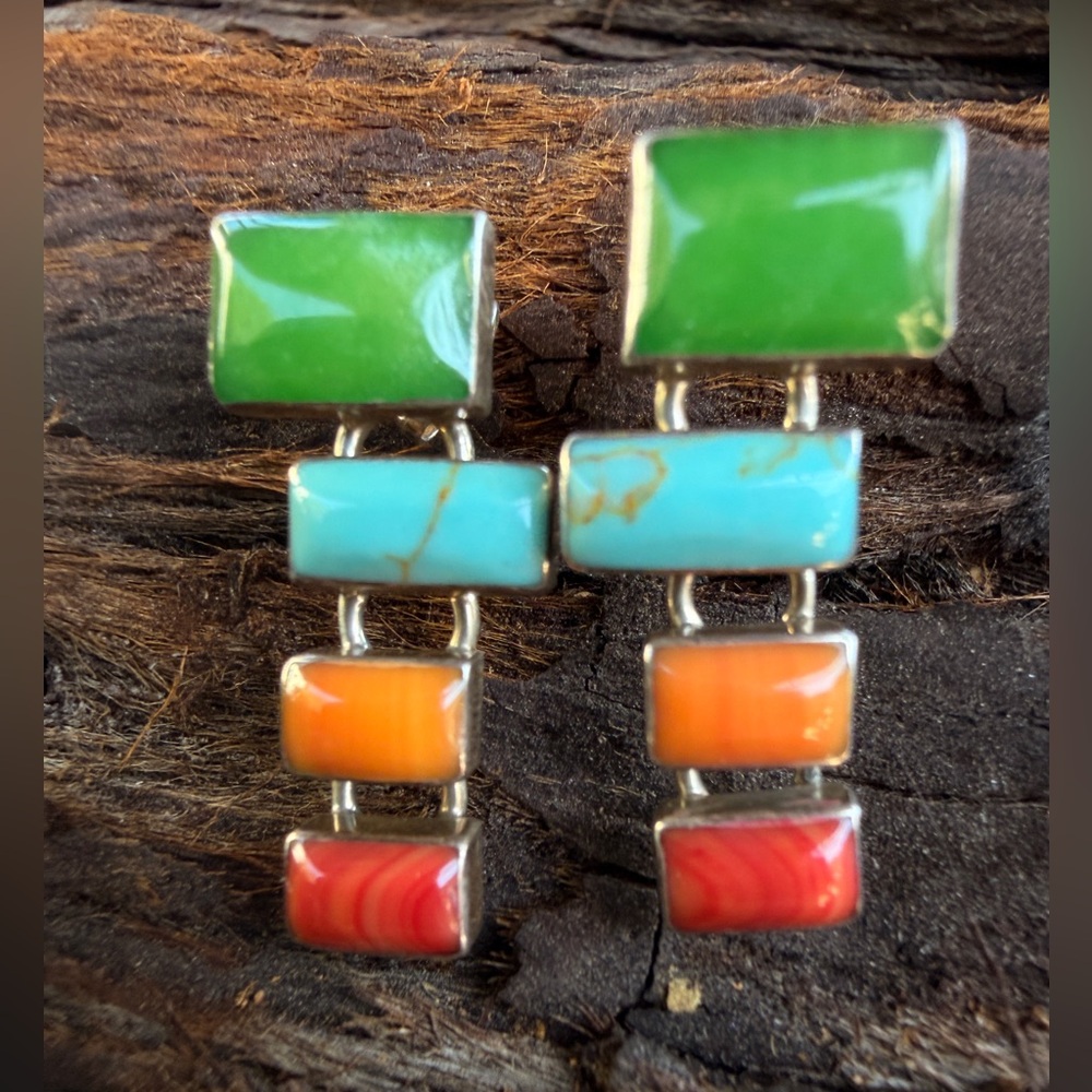 Vintage 925 Mexico Sterling Malachite Turquoise Carnelian Coral Earrings